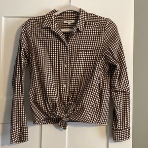 Madewell gingham-plaid button down shirt with tie detailing on bottom, size s